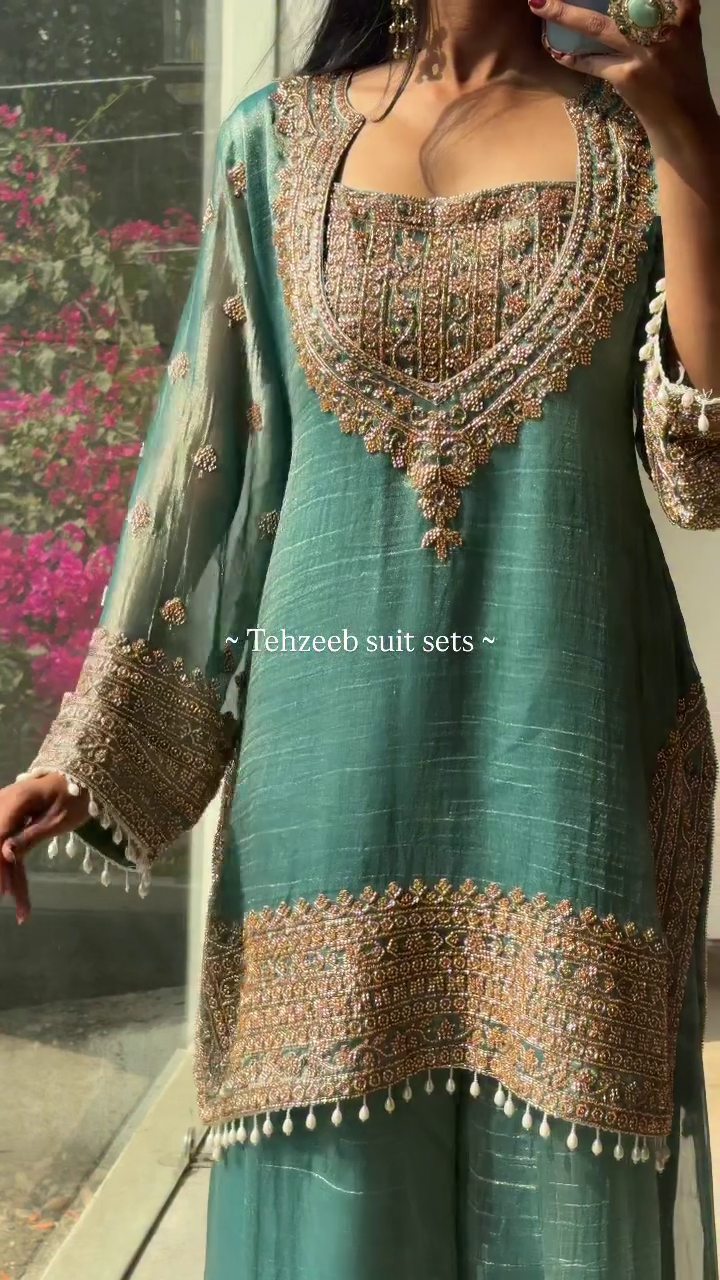 💚 Women’s Luxury Teal Embroidered Sharara Suit Set 💚